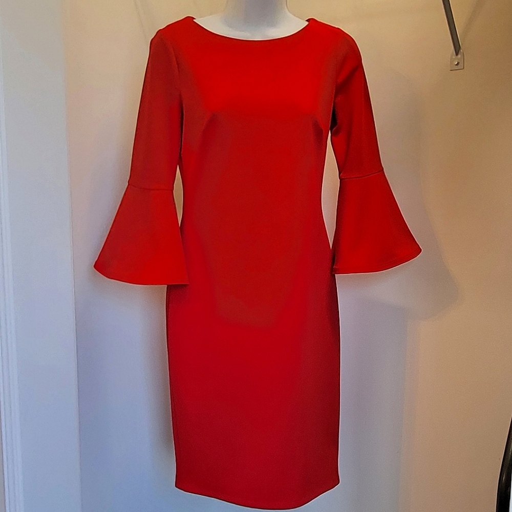 CALVIN KLEIN Red Dress- Bell Sleeve Sz: 4P